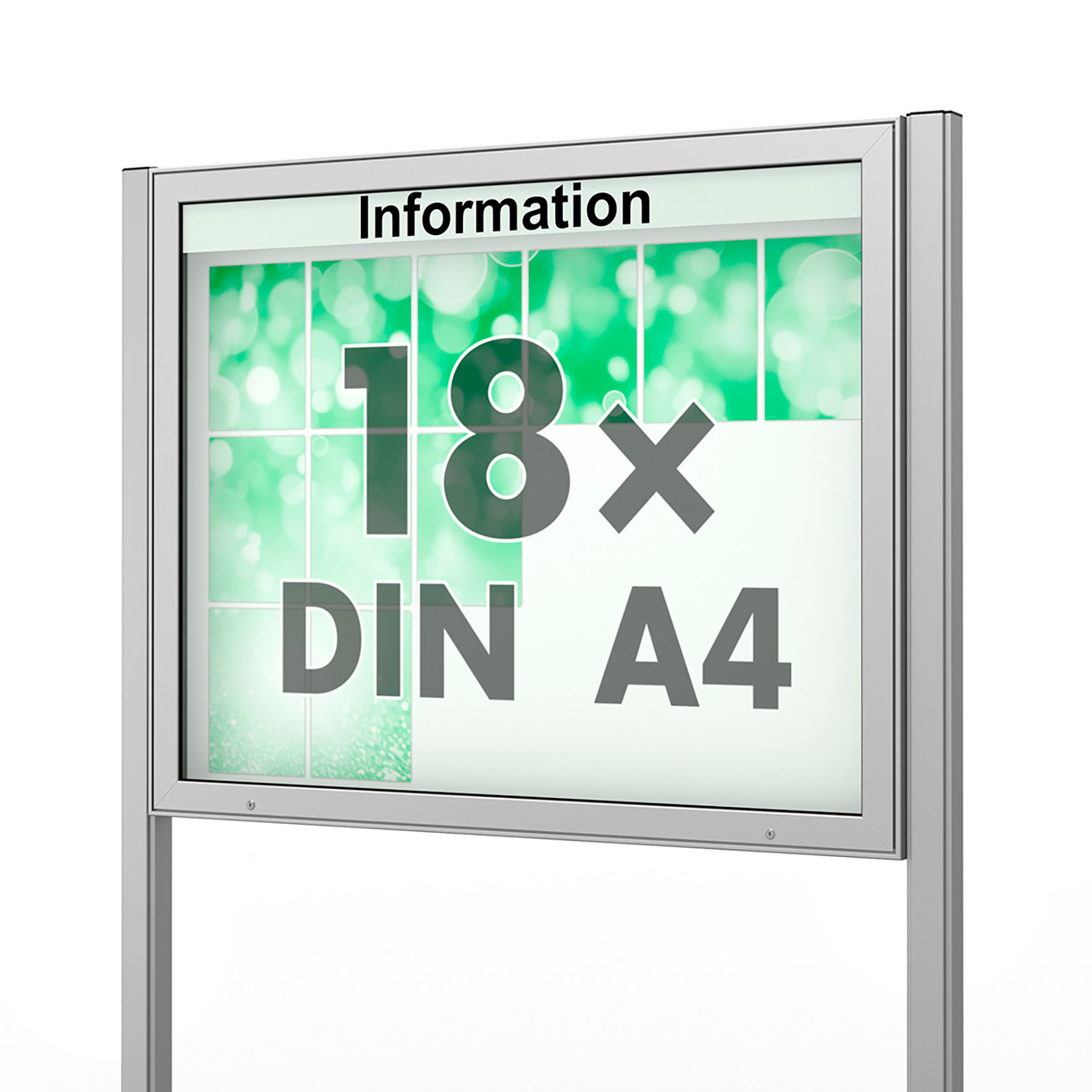 18 x DIN A4 Schaukasten Plenum eckig - der "Klassiker" - 100mm Bautiefe - mit Pfosten und optionaler LED-Beleuchtung