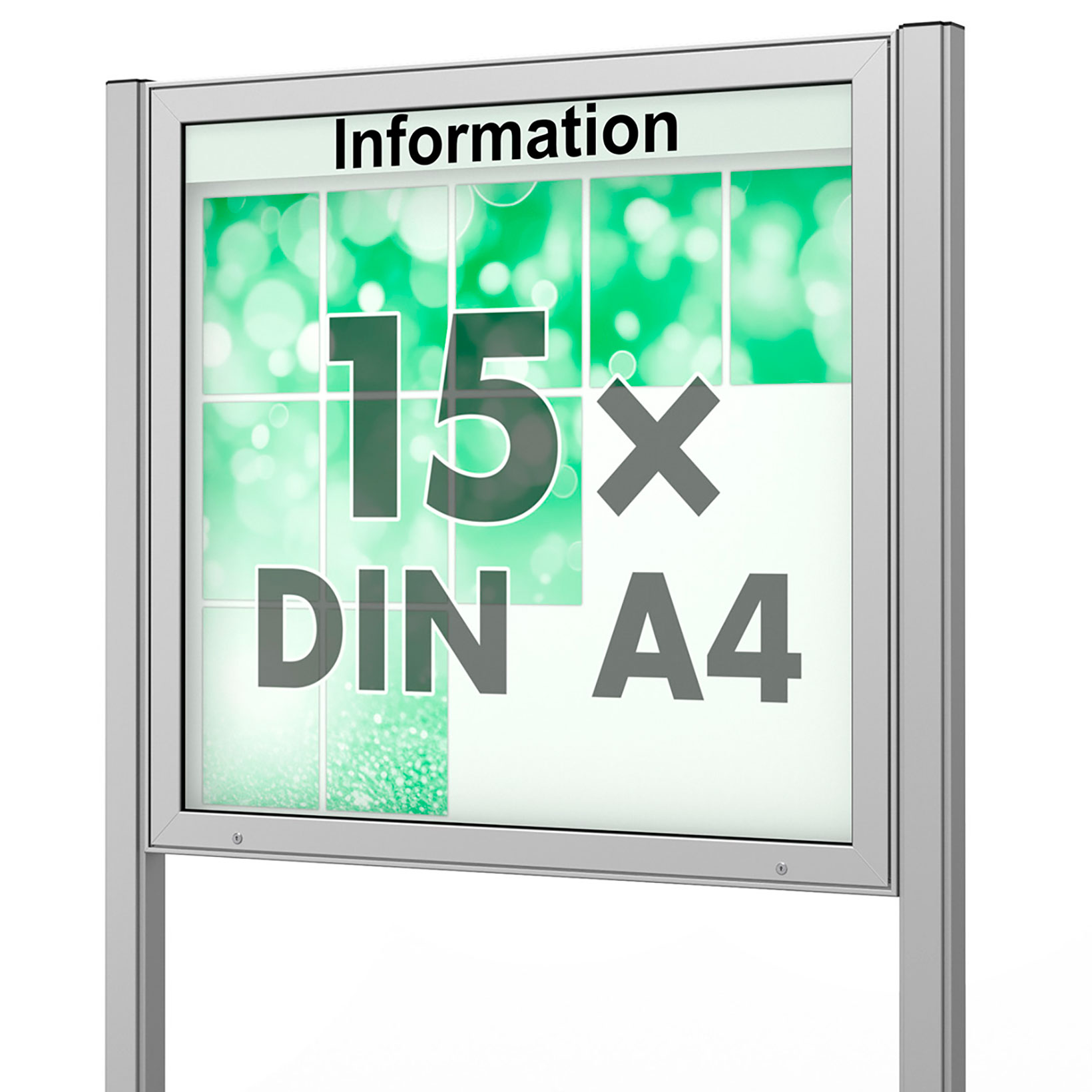 15 x DIN A4 Schaukasten Plenum eckig - der "Klassiker" - 65mm Bautiefe - mit Ständern und optionaler LED-Beleuchtung