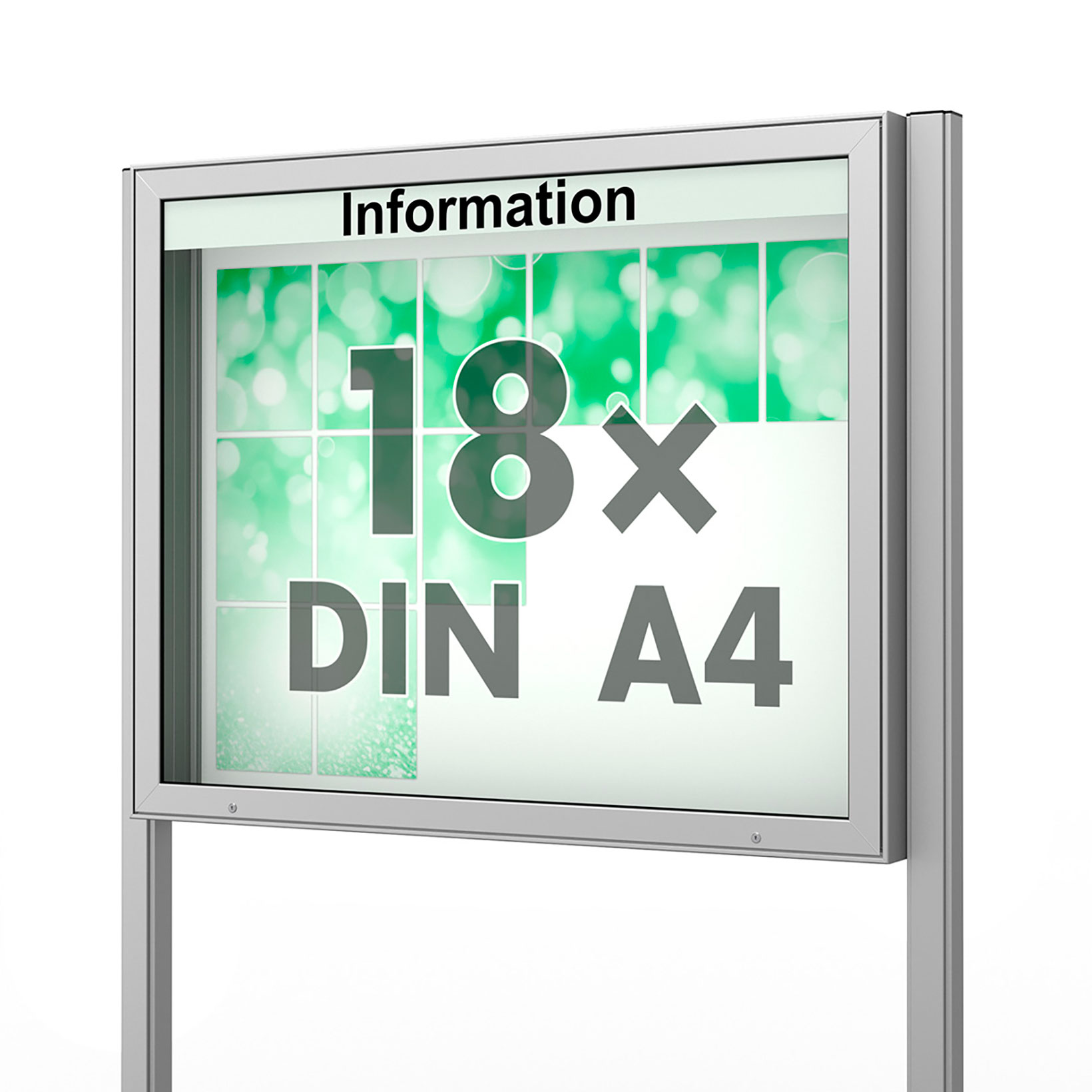 18 x DIN A4 Schaukasten Plenum eckig - der "Klassiker" - 210mm Bautiefe - mit Standbeinen und optionaler LED-Beleuchtung
